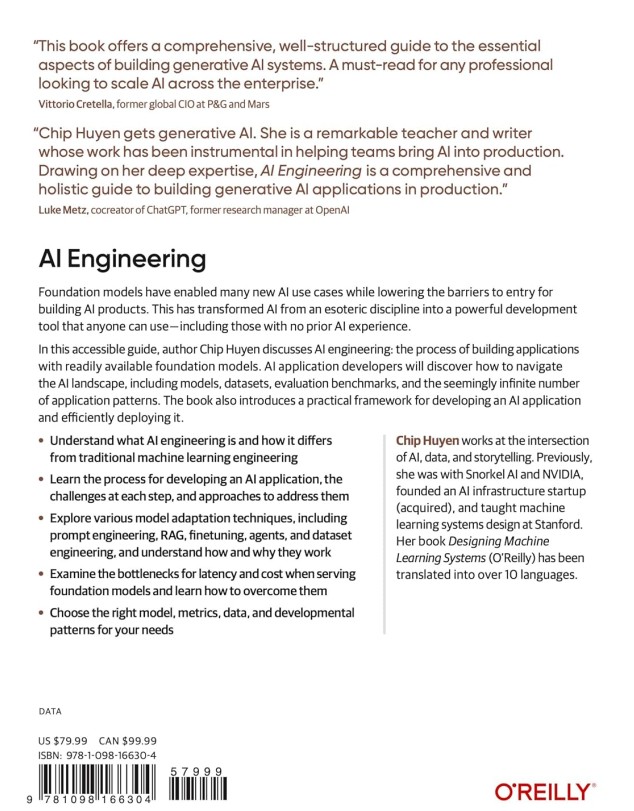 The book starts with an overview of AI engineering, explaining how it differs from traditional ML engineering and discussing the new AI stack. The more AI is used, the more opportunities there are for catastrophic failures, and therefore, the more important evaluation becomes. This book discusses different approaches to evaluating open-ended models, including the rapidly growing AI-as-a-judge approach.